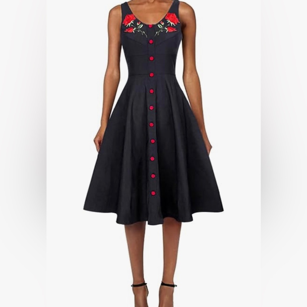 Black Sleeveless Fit-and-Flare Dress with Red Floral Embroidery